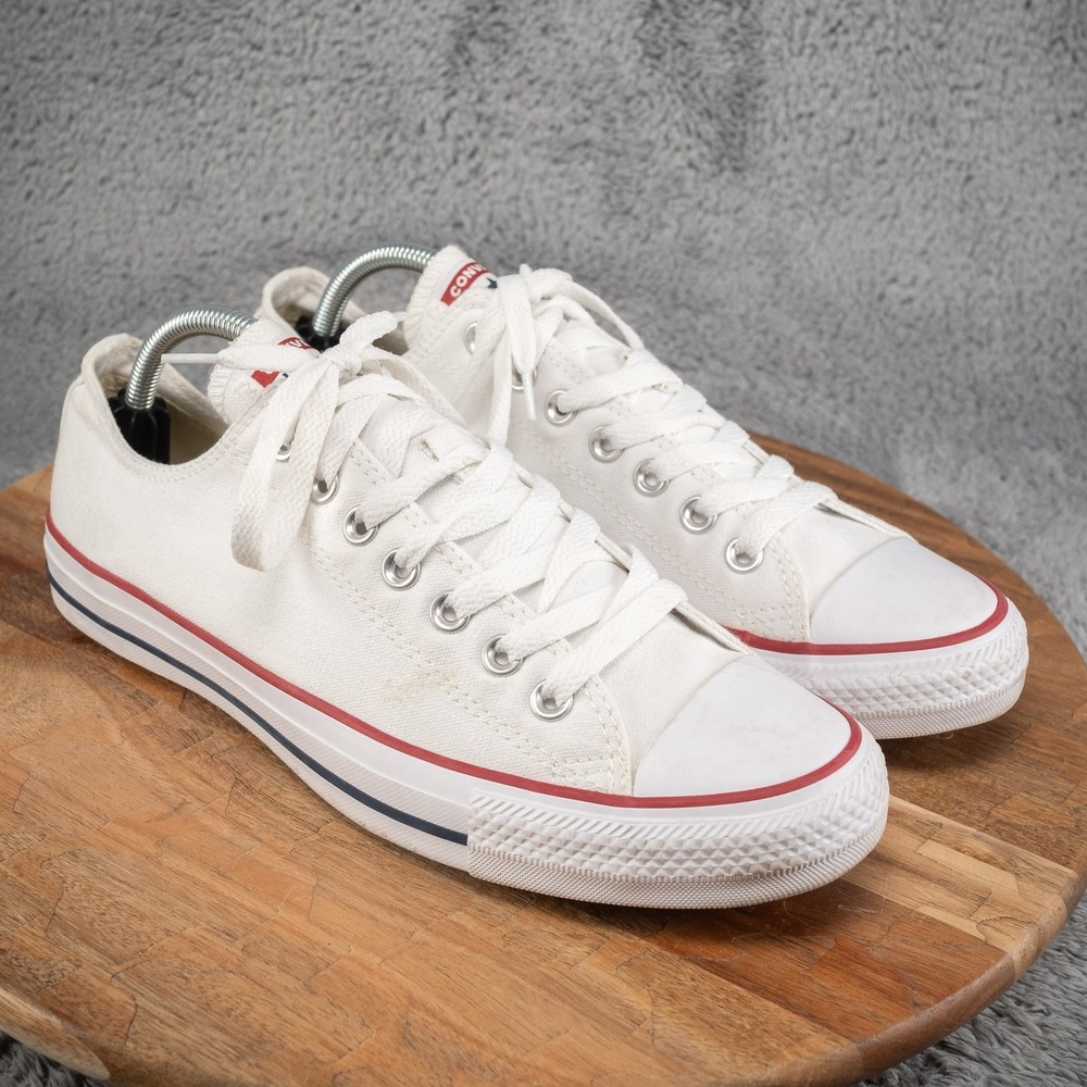Converse White Low Top Sneakers with Red & Navy Stripes